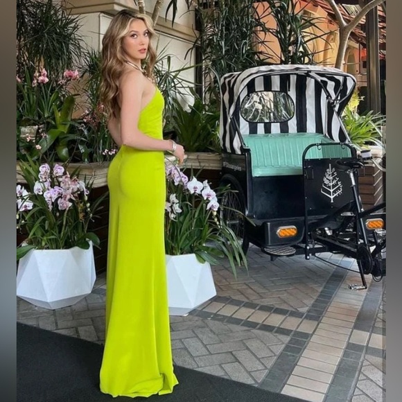 Elie Saab Tubular Choker Halter Crepe Gown Lime Green Color - Picture 4 of 16
